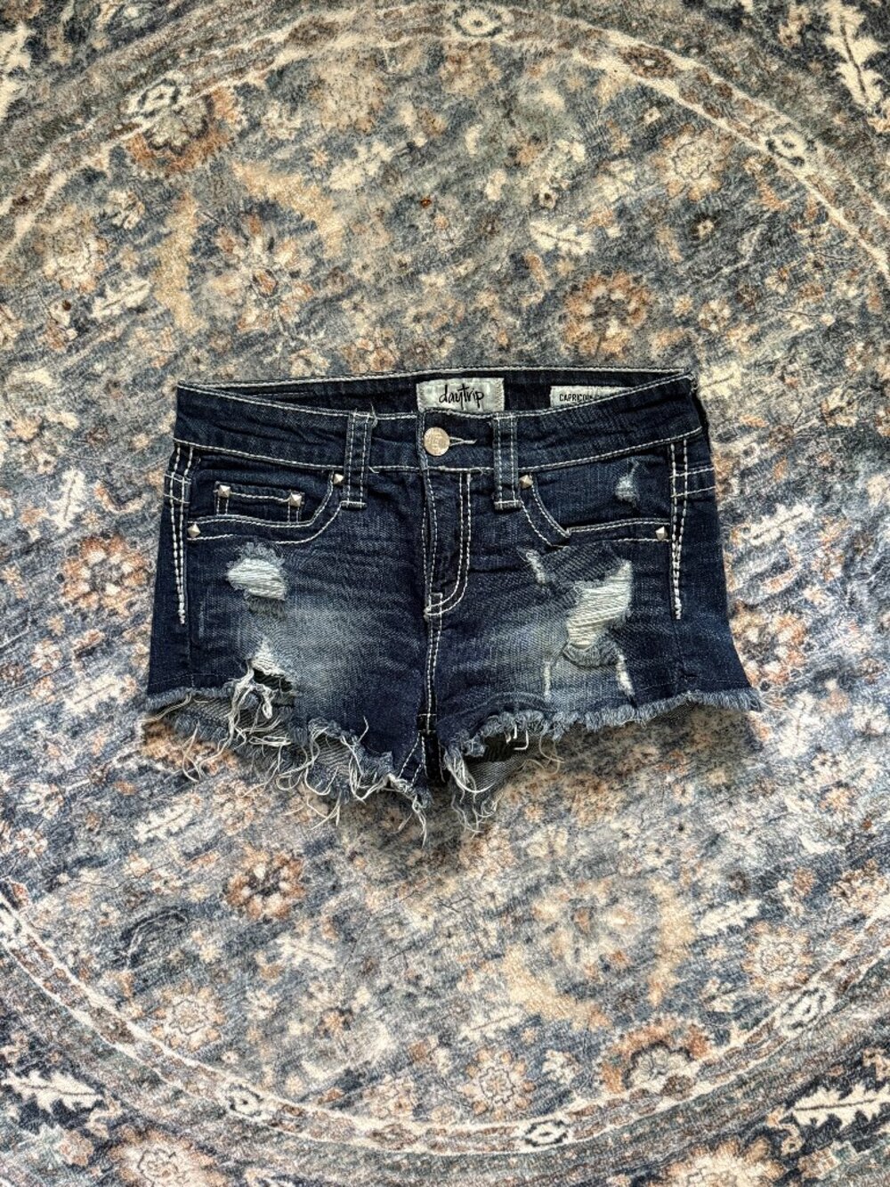 Daytrip Capricorn High Rise Dark Wash Distressed Denim Shorts with Raw Hem